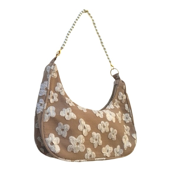 Floral Tan & Cream Floral Print Shoulder Bag with Pearl Chain Strap | NWT | - Picture 4 of 11